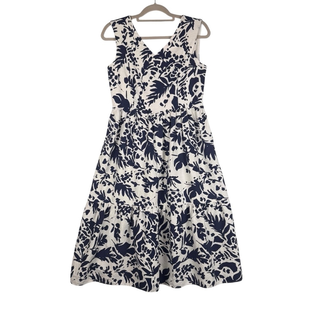 Magaschoni Floral Linen Blend White Navy Blue Sleeveless Midi Dress Size 8 - Picture 1 of 7